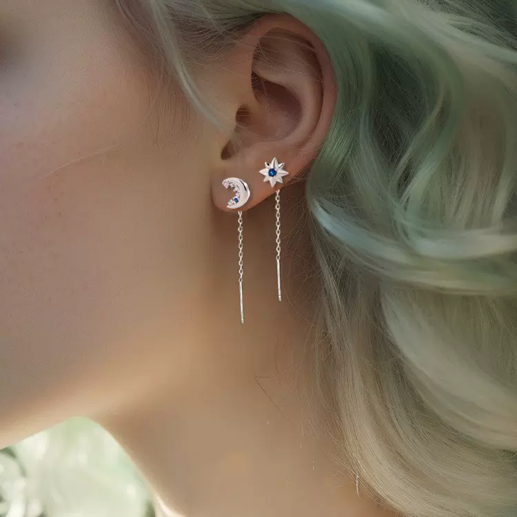 长款链条流苏蓝钻星月耳环独特创意不对称设计感彩钻八芒星耳线