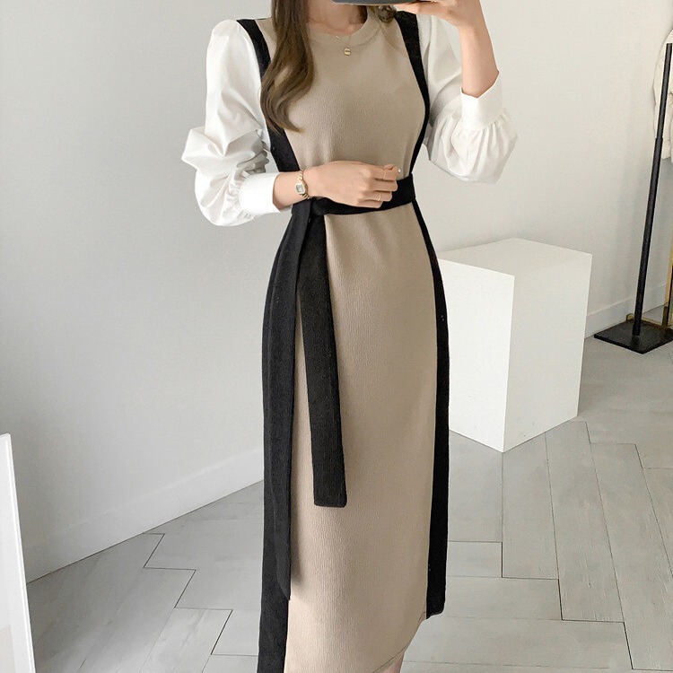 Korean chic French Niche Elegant Loose Slimming Mid-length Strap Waisted Knitted Shirt Stitching Dress