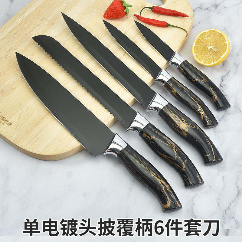Nuevo cuchillo antiadherente de acero inoxidable estilo occidental cubierto de mango 6 piezas de cuchillo incluido el almacenamiento de cuchillos de cuchillos de cocina de barril al por mayor