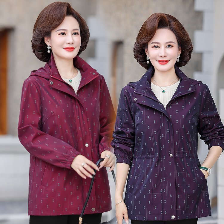 2025春秋新款大码妈妈装气质可拆连帽风衣夹克女中老年印花外套|undefined