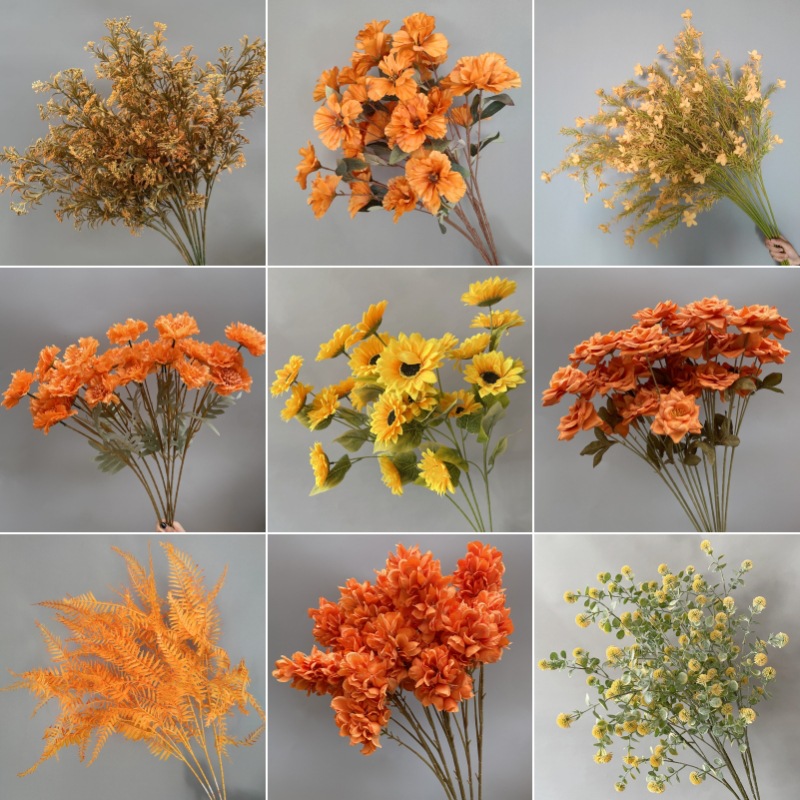 橘色系仿真花材婚庆假花桔色绢花婚礼背景墙插花舞台路引装饰花艺