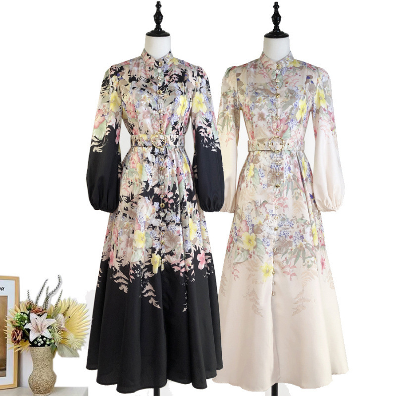 in stock Australia classic stand collar lantern sleeve single row fancy buckle large pendulum dress with belt foreign trade women's clothing