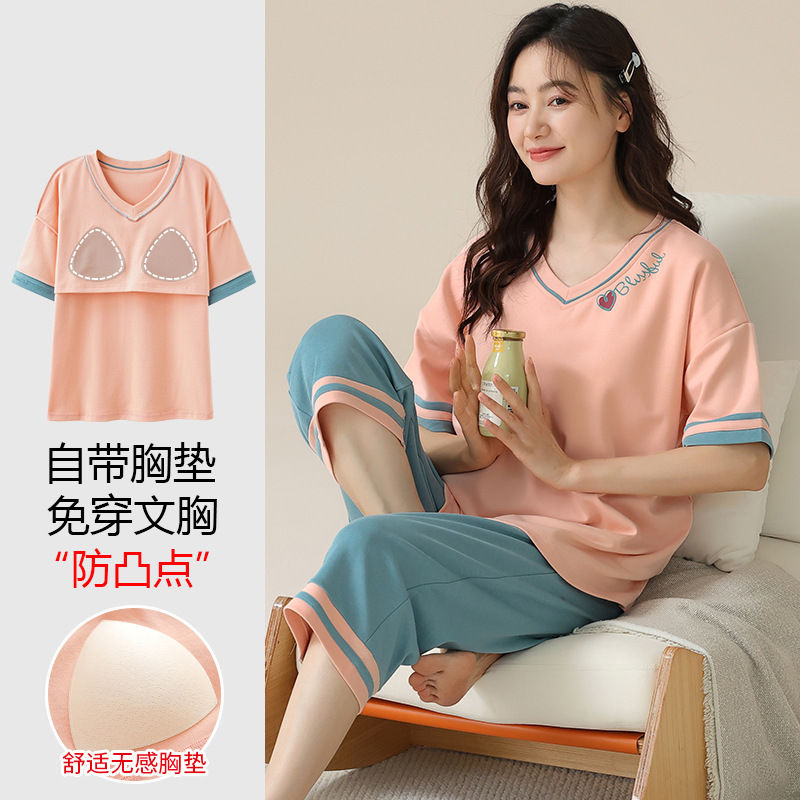 Women's pajamas with chest pad summer cotton short-sleeved cropped pants home wear thin summer casual outerwear plus size suit