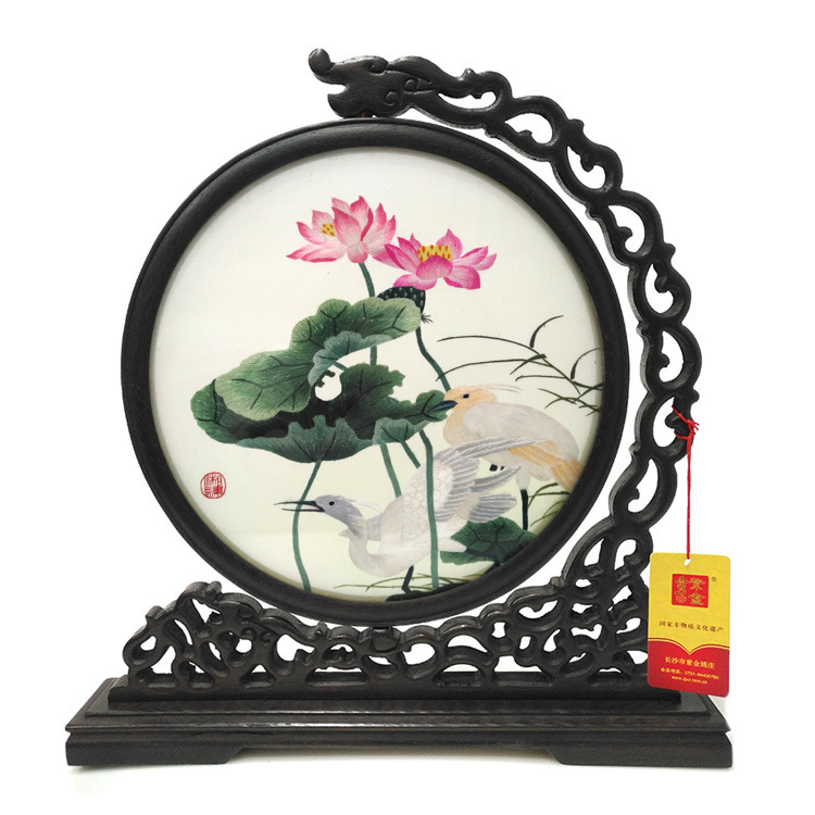 紫金湘绣双面绣刺绣小摆件手绣熊猫牡丹装饰摆台商务礼品刺绣定制