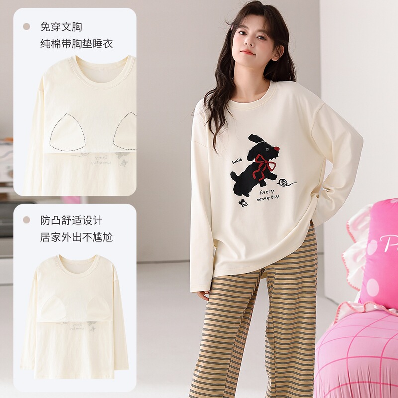 【With Chest Pads】New Spring and Autumn Pure Cotton Women's Long Sleeve Long Pants Pullover Pajamas Cartoon Casual Women's Homewear 【With Chest Pads】New Spring and Autumn Pure Cotton Women's Long Sleeve Long Pants Pullover Pajamas Cartoon Casual Women's Homewear
