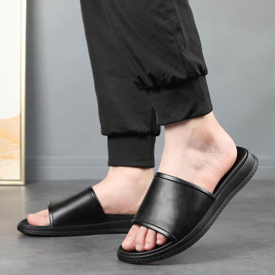 Dép sandal nam da bò thật quai ngang đế dày chống trượt, đi trong nhà và ngoài trời mùa hè — Màu nâu, màu đen