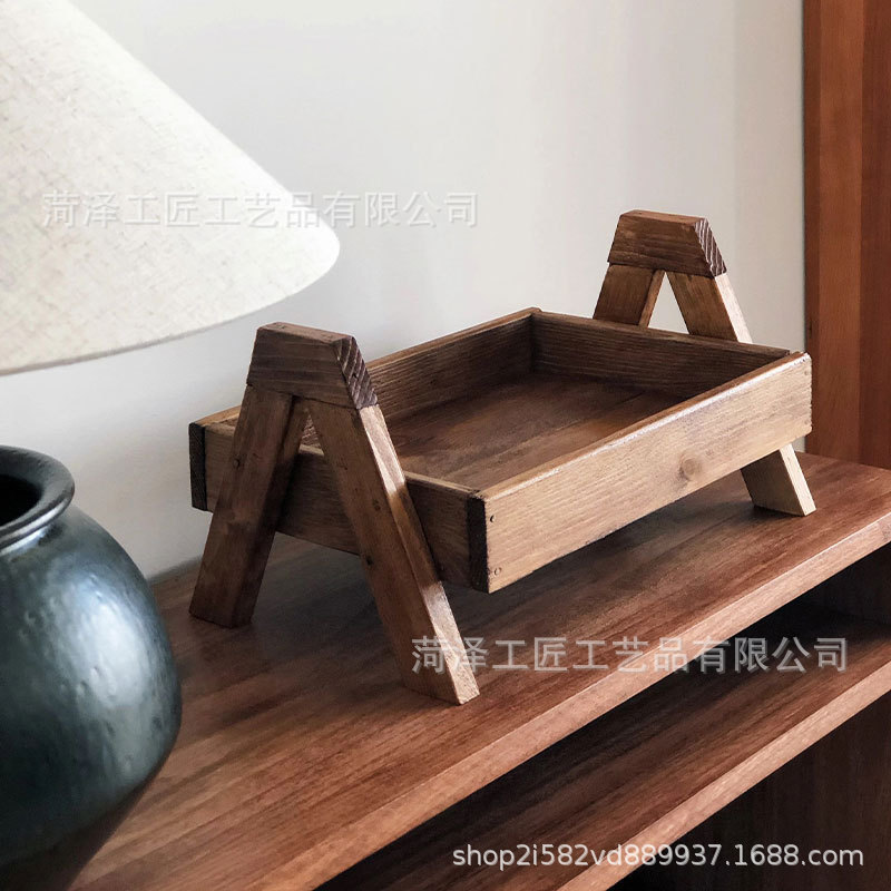 Medieval Style Fruit Storage Rack Kitchen Countertop Storage Rack Carbonized Color Tray Log Style Home Decoration Storage Rack