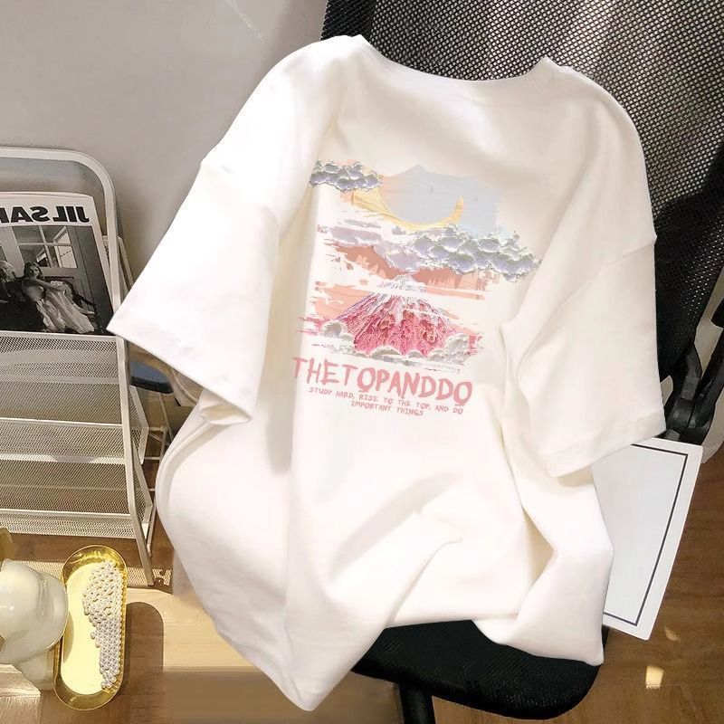 100 純綿半袖 T シャツ女性のための 2025 新しいホットスタイル夏ルーズカジュアル快適な多用途かわいい風景トップ|undefined