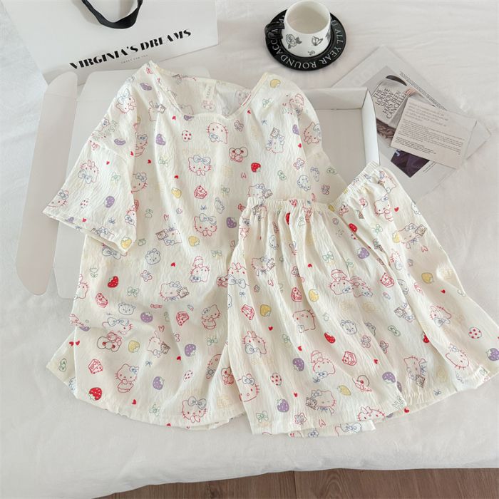 Venta al por mayor transfronteriza de pijamas vietnamitas verano femenino dibujos animados coreanos dulce y lindo estudiante estampado cuello redondo nube algodón estilo ins