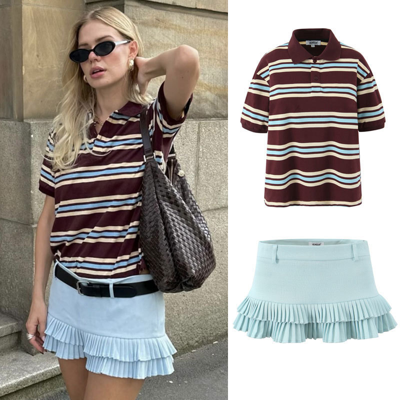 25 New Summer Women's Cross-Border European and American Style Fashion Sexy Stripesd Short-Sleeved T-Shirt + Low-Waist Pleated Skirt Suit