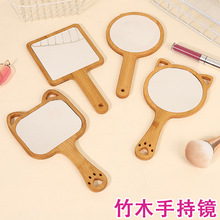 跨境木质化妆镜竹木手持镜手拿便携随身带美妆镜卡通猫耳木制镜子