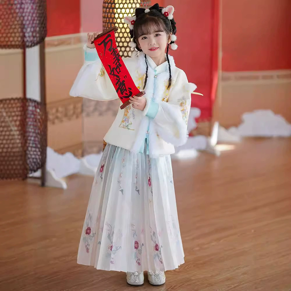 Синие перья для девочек зимние модели утолщенные детские новогодние костюмы Hanfu 2024 новый костюм плюс бархат китайский стиль для детей