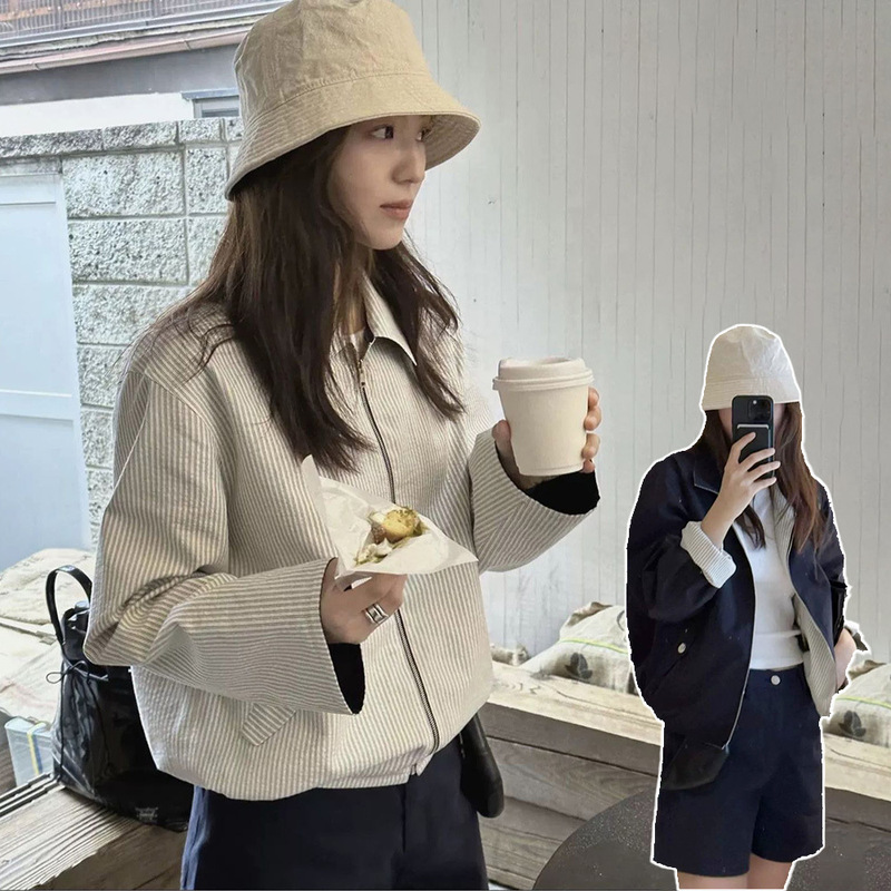 in stock double-sided striped lapel jacket women's 2025 spring Han dong gate casual loose double-sided jacket g * d