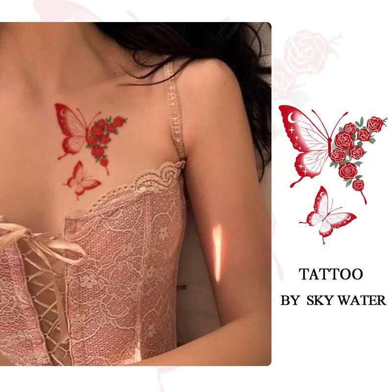 Butterfly Rose Color Rose Tattoo Little Red Book with Waterproof Long-lasting Realistic Pure Desire Style ins High Color Value