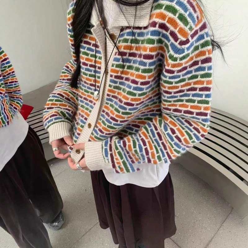 跨境韩国排口针织开衫女秋冬新款彩色polo领宽松毛衣外套简约风|undefined
