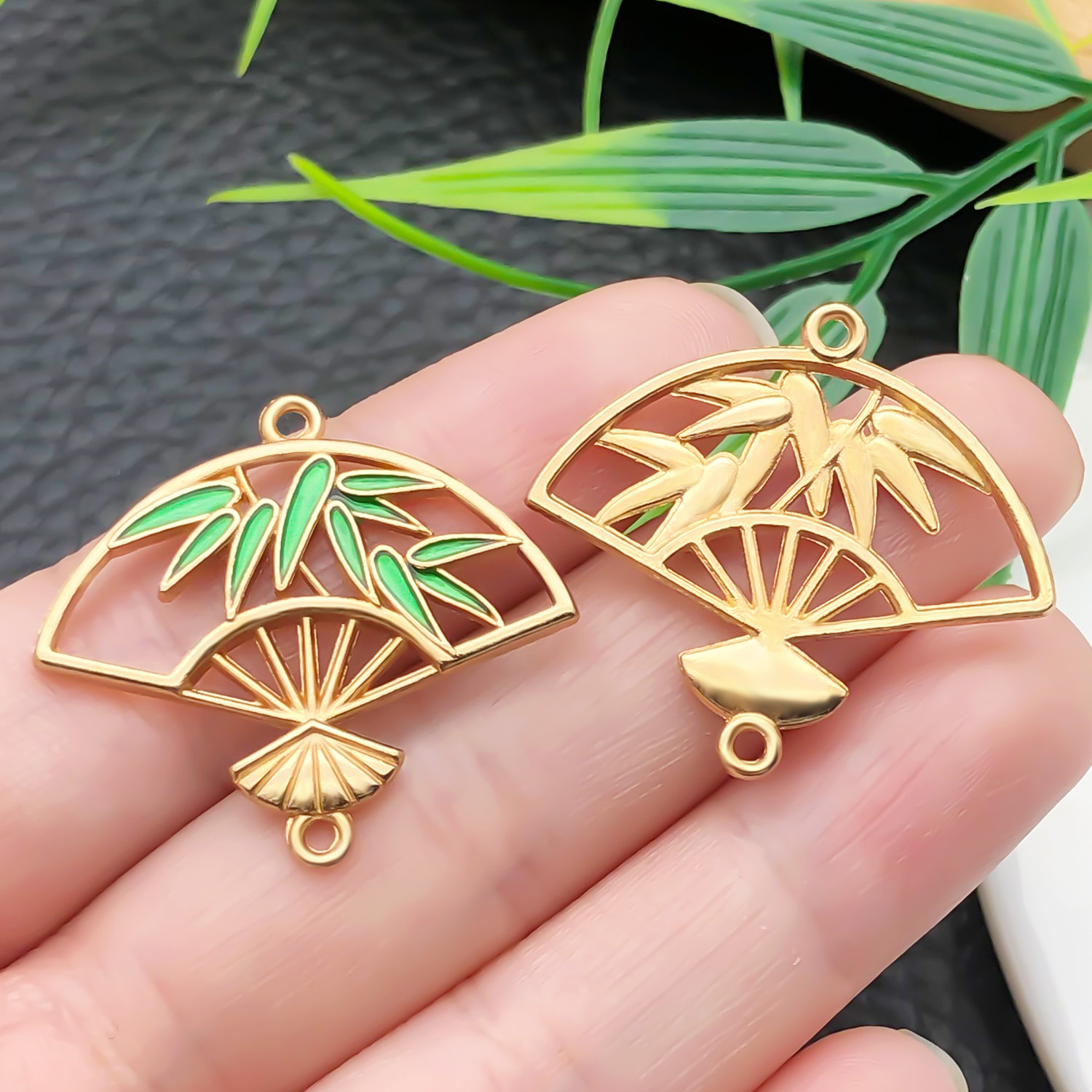 22456-ZH-绿色滴油锌合金中国风双吊古典风竹叶扇30x