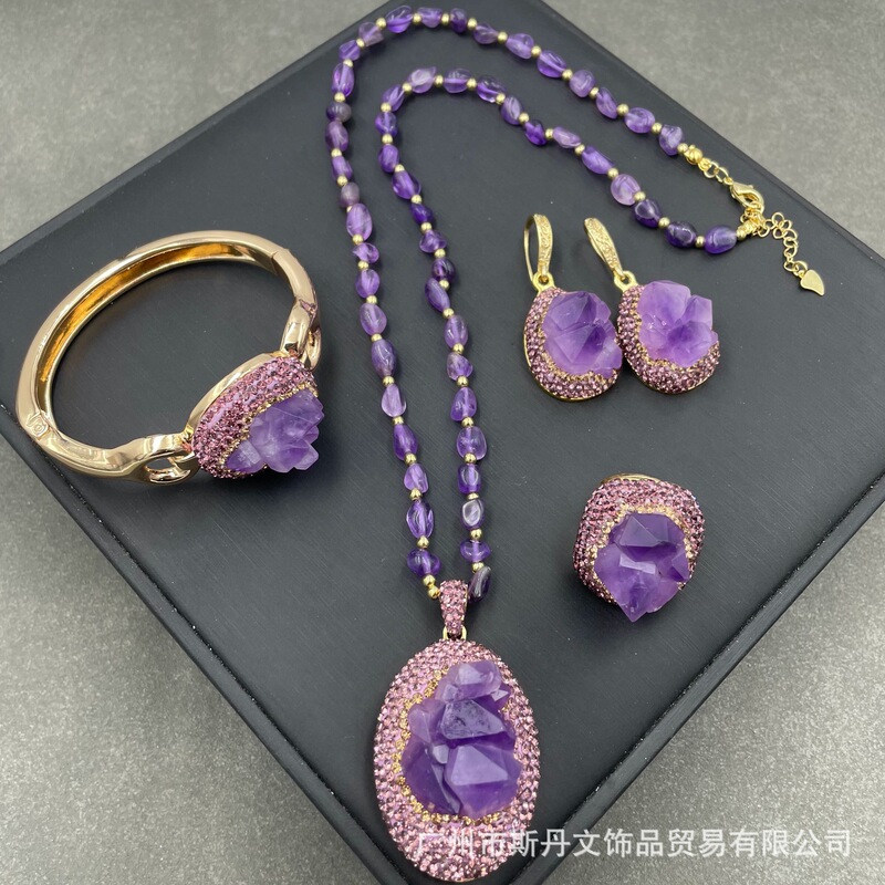 Natural Raw Stone Amethyst Flower Four-piece Set European and American French Personality Raw Ore Jewelry Woolen Chain High-grade Handmade suit