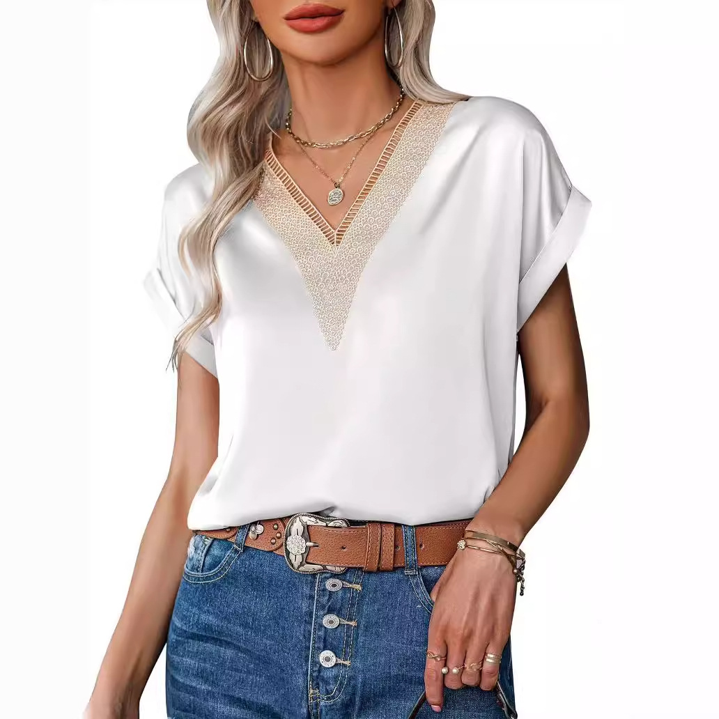 Nueva camiseta de encaje con cuello en v Camiseta de manga corta suelta de satén para mujer Estilo de viaje transfronterizo Ropa de mujer de Amazon europea y americana image 6