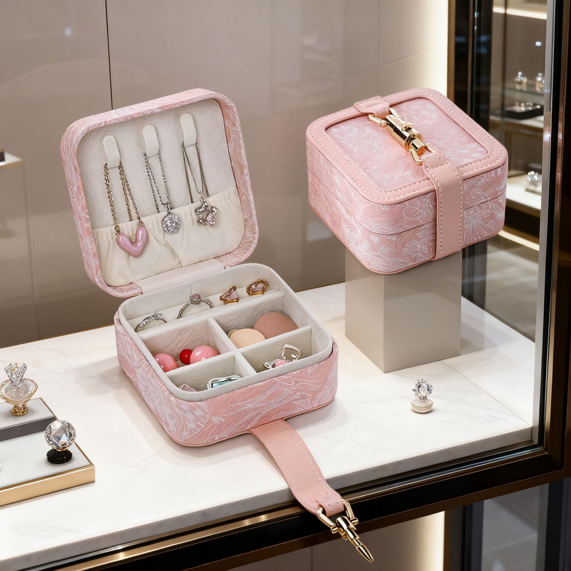 Factory Direct Supply of Retro Jacquard Portable Jewelry Box Flip Necklace Ring Earrings Earrings High-End Jewelry Storage