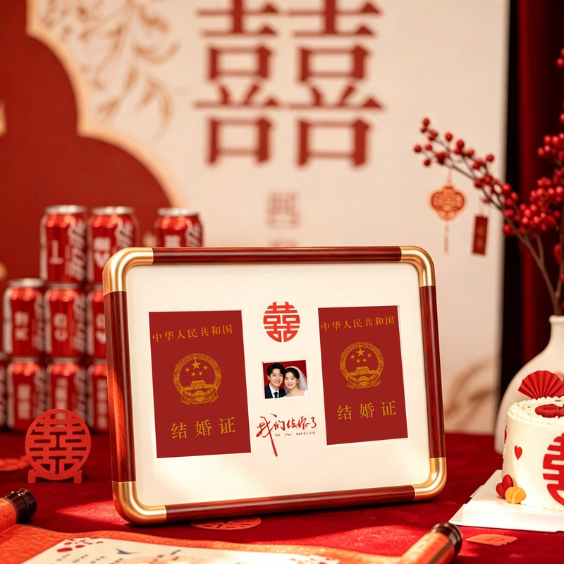 Copper-framed wedding certificate photo frame, photo frame for displaying marriage certificate photos, couple's commemorative display frame, tabletop decorative frame