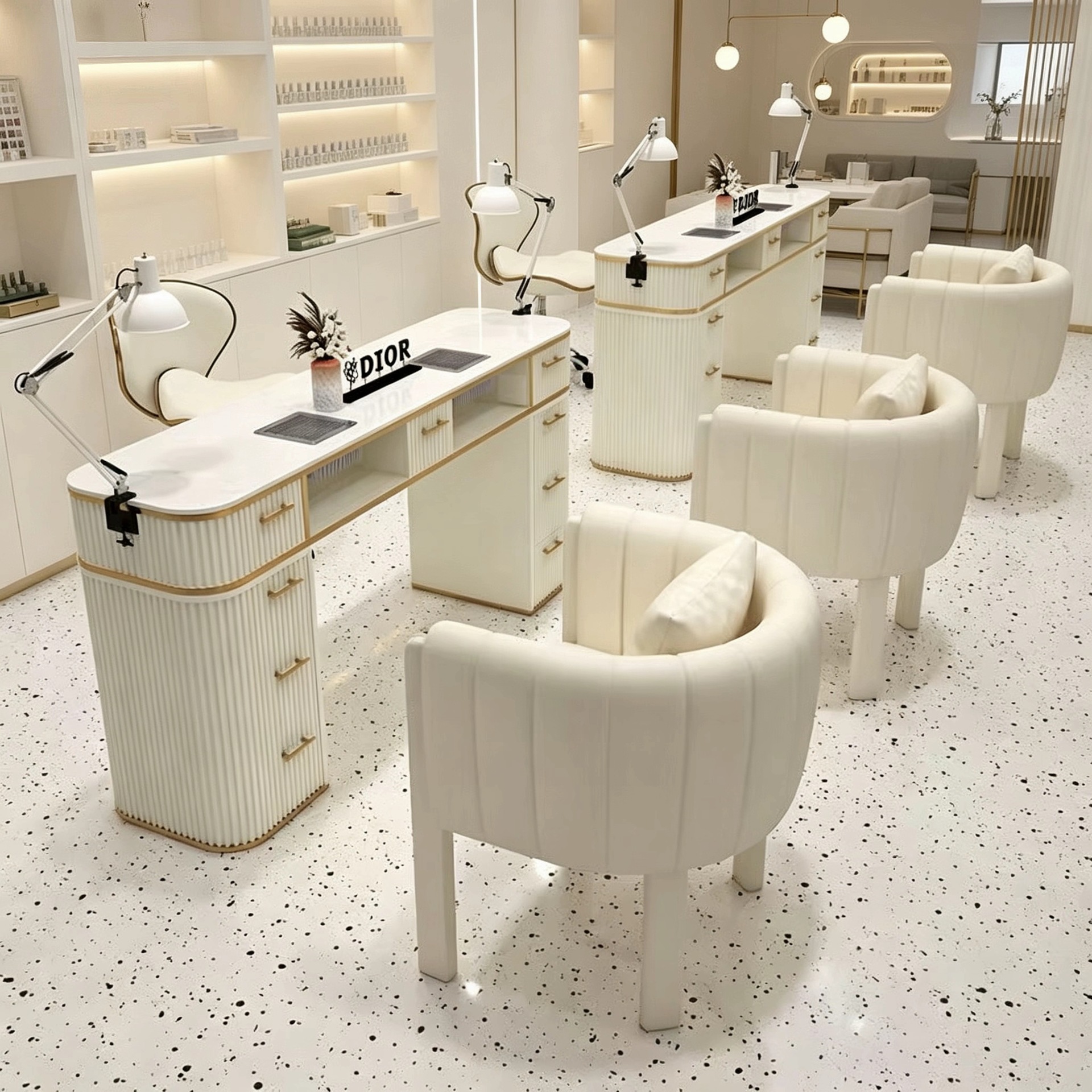 Nail Salon Manicure Table and Chair Set with Vacuum Cleaner Socket, Marble Tabletop, High-End Cream-Style Manicure Station