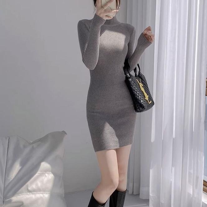 Women's Autumn and Winter Short Skirt Inner High Collar Knitted dress Short Hip Half 2024 Tight Slim-Fit Base Sweater