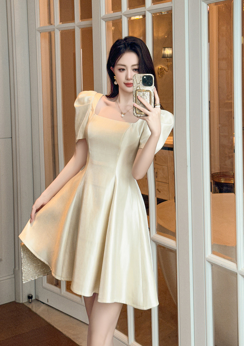 Váy liền tay ngắn màu mơ kiểu Pháp, eo thon dáng nhỏ, phong cách mối tình đầu — Màu mơ chi tiết 10