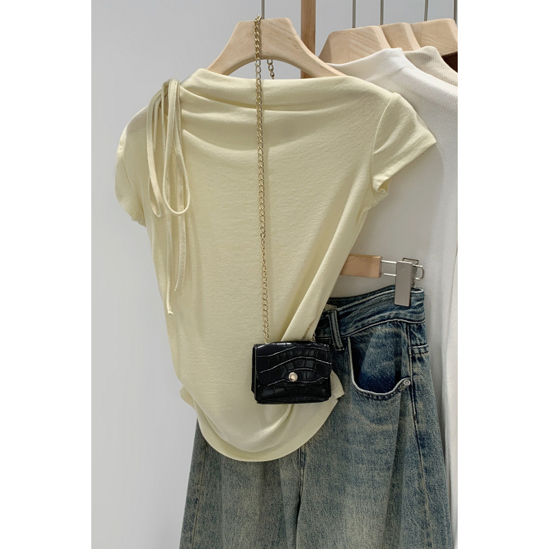 [in Stock] Asymmetrical Shoulder Tie T-Shirt Summer 2026 New Design Slim Fit Ruched Top