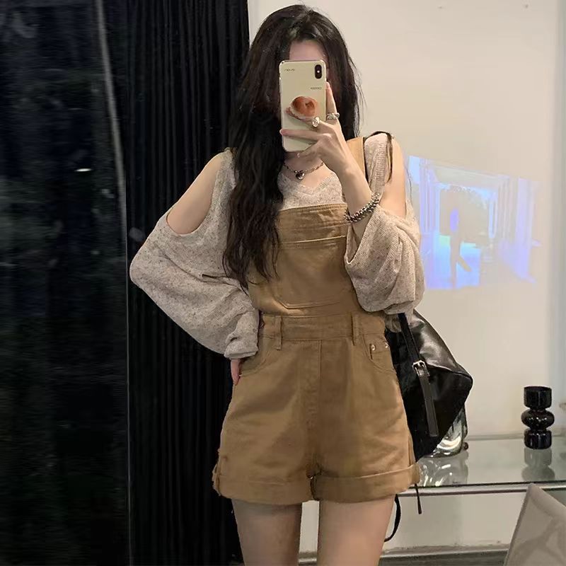 Age-Reducing Elegant Design Denim Suspender Shorts for Women 2023 Summer Thin Large Size Western Style Slim Jumpsuit