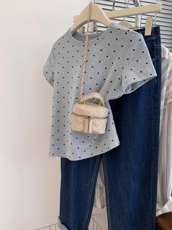 White Polka Dot Short-Sleeve T-Shirt for Women, Summer Design, Niche Style, Petite Short Version, 2026 New Model Top
