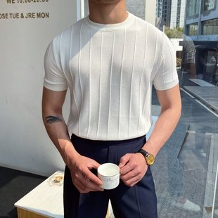 New 2024 Knitwear Ins Round Neck Straight Short-Sleeved Pullover Youthful Popular Men's Casual Summer Knitwear Trend