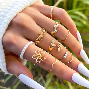 Europe and the United States cross-border explosions ins simple hollow snake pattern adjustable finger ring women's retro geometric ring 9-piece wholesale