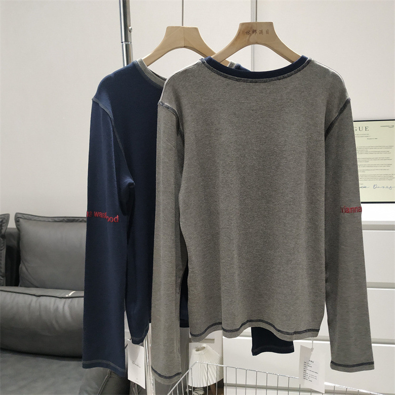 (2개) 토성 자수 티셔츠 여성 가을 2024 대비 칼라 슬림 핏 슬림 핏 스트레치 올 매치 라운드 넥 탑