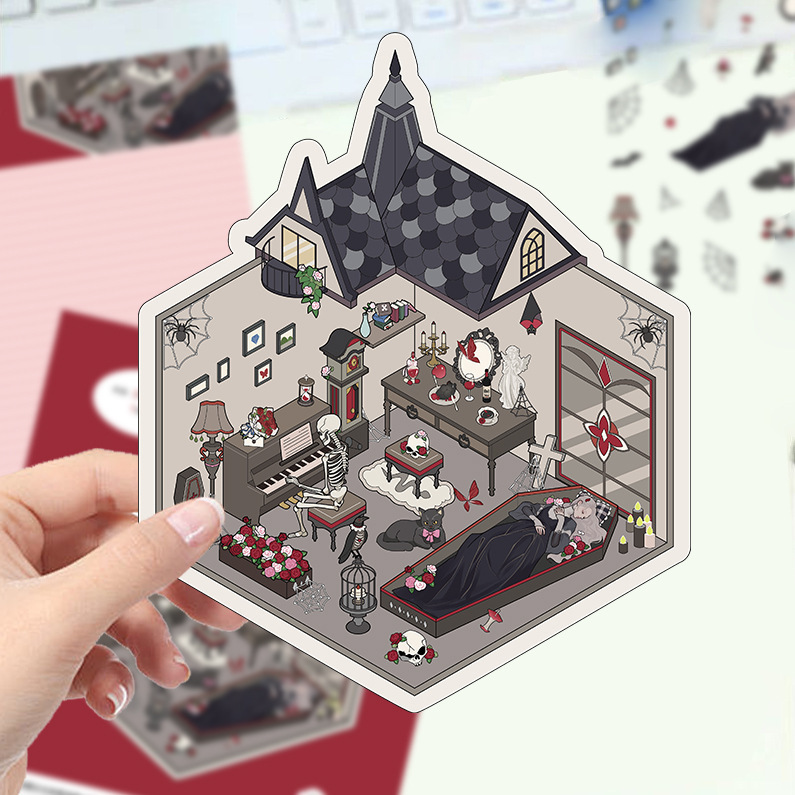 漫画造園ステッカー、さまざまなミニチュア世界 3D キャビン、リトルレッドブック減圧 DIY シーンハンドブックステッカー卸売 PET|undefined
