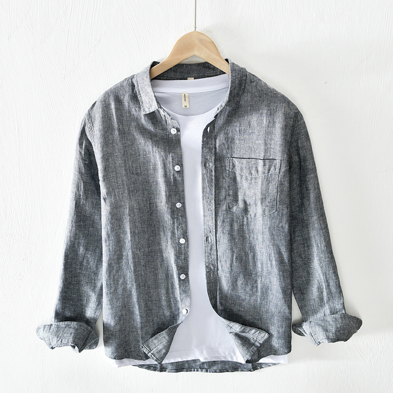 L721 ropa de abrigo casual diaria camisa de todos los hombres camisa de lino de manga larga de color sólido hombres jóvenes entrega de una pieza