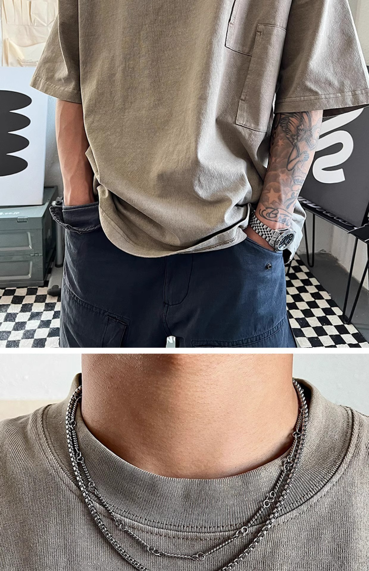 Collana a catena con bambù a doppio strato vintage in acciaio_voghion.com