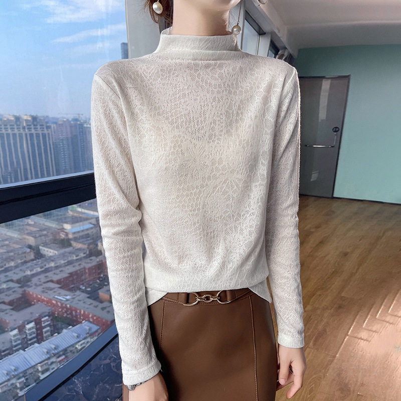 2025秋季半高领针织衫女内搭新款镂空提花长袖T恤打底衫洋气上衣
