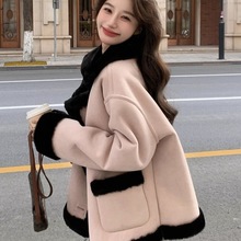 皮毛小香风一体冬季羊羔毛毛绒外套新款加厚秋冬小个子短棉服