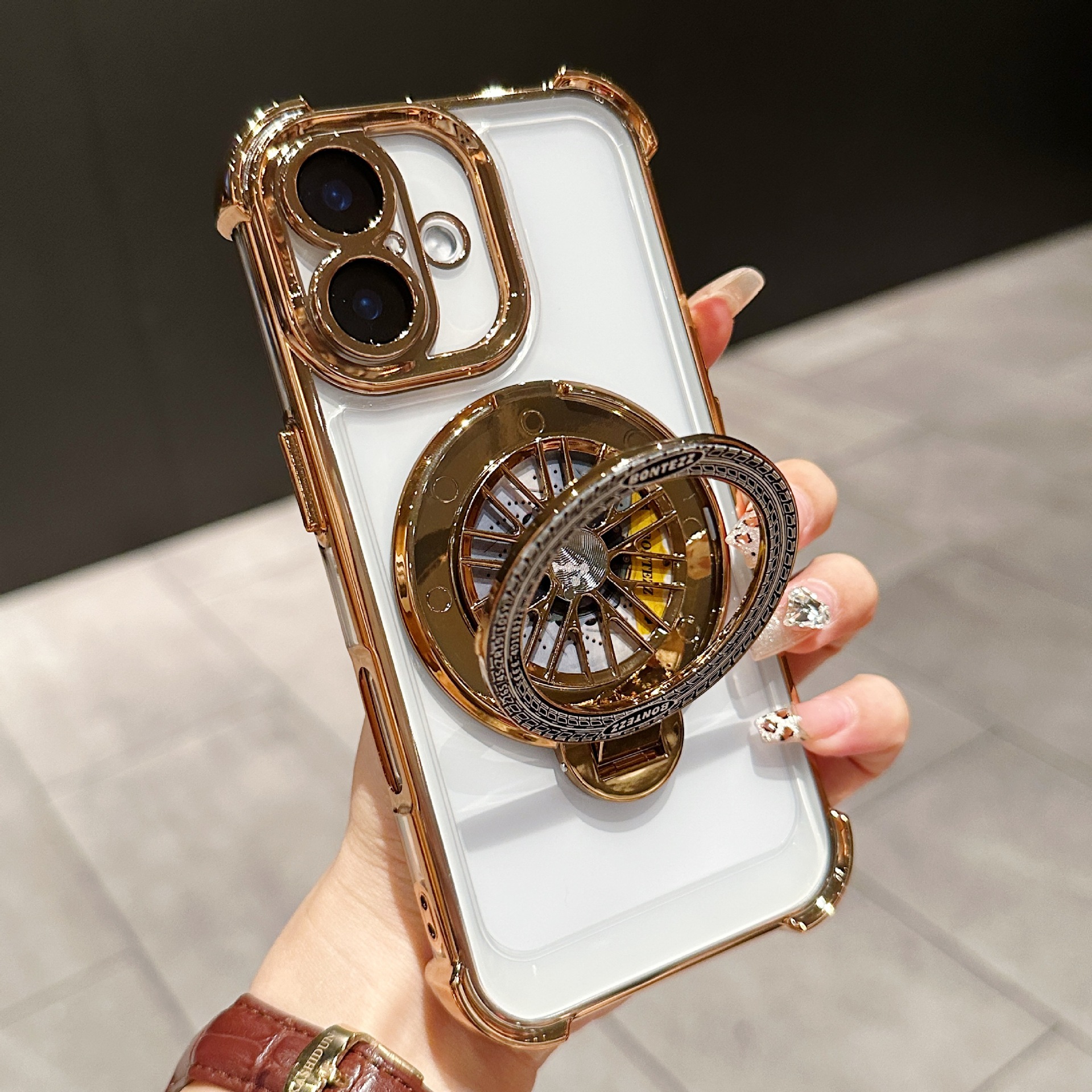 Funda acrílica para iPhone 16 con protección anticaídas en las cuatro esquinas, soporte giratorio creativo tipo giroscopio, compatible con Apple 17PROMAX