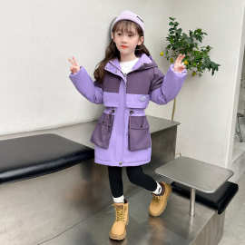 女童棉衣秋冬装新款派克服儿童加绒加厚中长款棉袄女孩冲锋衣外套