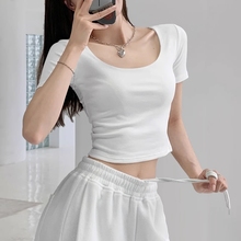 白色圆领短款t恤女短袖新款棉小众高腰露脐紧身半袖上衣服夏季