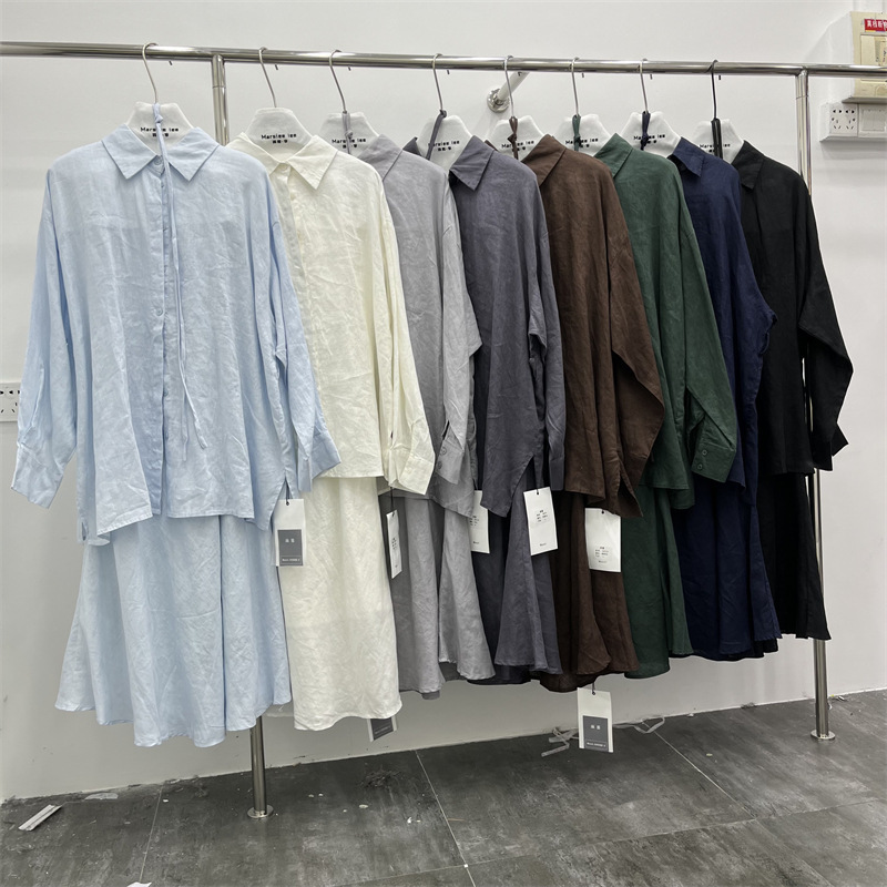 Solid Color Linen Shirt for Women, Spring and Summer Thin Style, Loose Fit, Elegant Old Money Style, High-End Cotton-Linen Shirt and Skirt Two-Piece Set