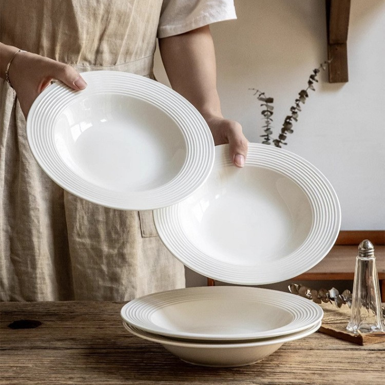 Jingdezhen Ceramic Plate Threaded Western Food Plate Household Tableware Straw Hat Plate Dish Plate Soup Plate Dinner Plate Deep Plate Set Plate