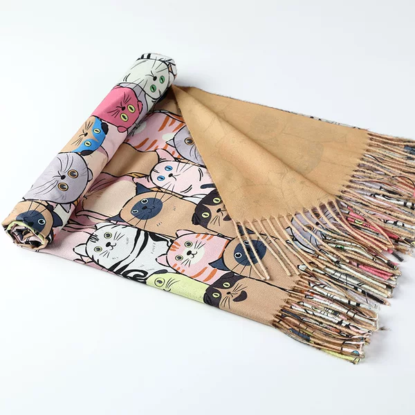 Shawl Digital Printing Scarf Imitation Cashmere Cartoon Cat Oil Painting Wind Manufacturer Customized Tassel