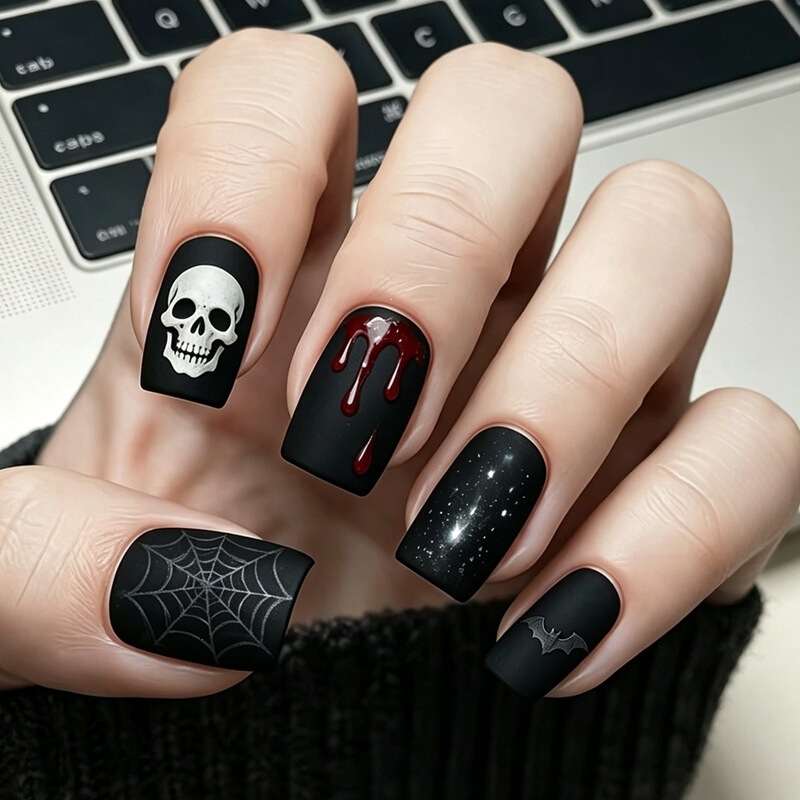 24 Pieces of Frosted Chinese-Style Halloween Wearable Nails with Skull and Spider Web 3D Blood Plasma Design, Fake Nails, Cross-Border In-Stock Items 24 Pieces of Frosted Chinese-Style Halloween Wearable Nails with Skull and Spider Web 3D Blood Plasma Design, Fake Nails, Cross-Border In-Stock Items