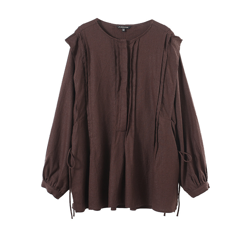 Zfc-6014 Dark Brown Long-Sleeved Shirt 2026 Summer New Style Salt-Style Wandering Linen Ruffled Casual Top Zfc-6014 Dark Brown Long-Sleeved Shirt 2026 Summer New Style Salt-Style Wandering Linen Ruffled Casual Top