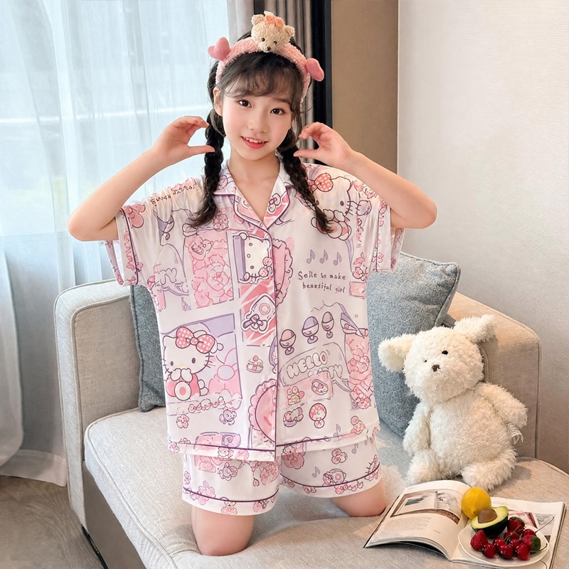 Qizlar uchun muzdek ipak Hello Kitty pijamalari, yozgi kalta yengli shortiklar, pushti va binafsha rangli multfilmli bosma, yoqali kardigan, dam olish kiyimi