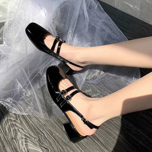 French Retro Square Head Double Buckle Backless Sandals Summer Fashion Retro Versatile Thick Heel Mary Jane Single Shoes