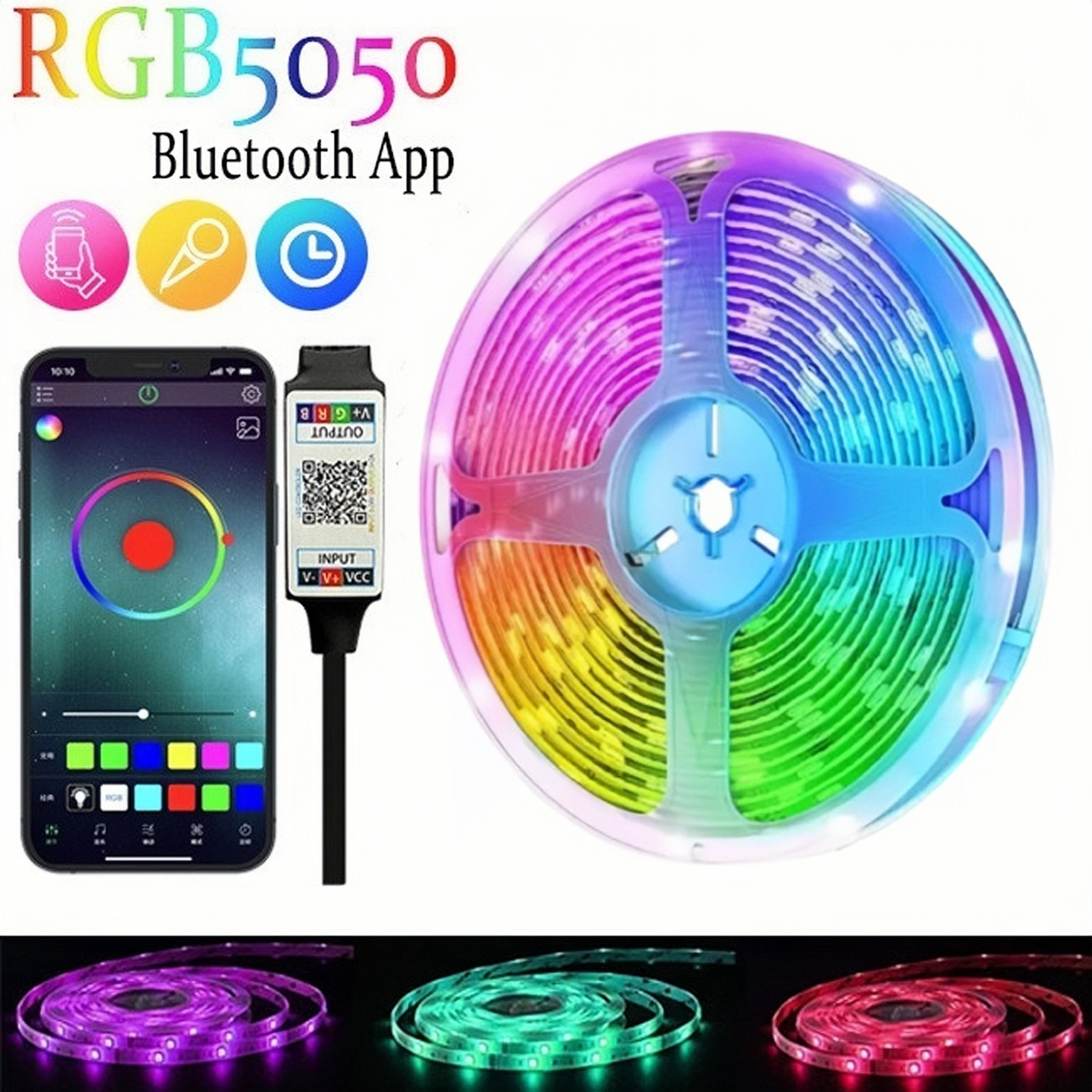  Tira de Luces LED RGB 5050 Transfronteriza, Cambio de Color vía Bluetooth 5V, Control Remoto de 24 Teclas, Impermeable, para Ambiente.