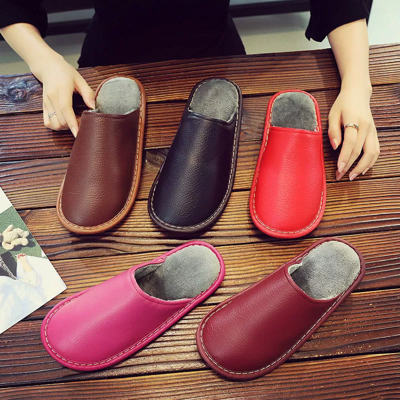 Кожаные тапочки Haining для мужчин и женщин, зимние парные хлопковые тапочки, водонепроницаемые тапочки из искусственной кожи для беременных, на толстой подошве, нескользящие, теплые и утолщенные.